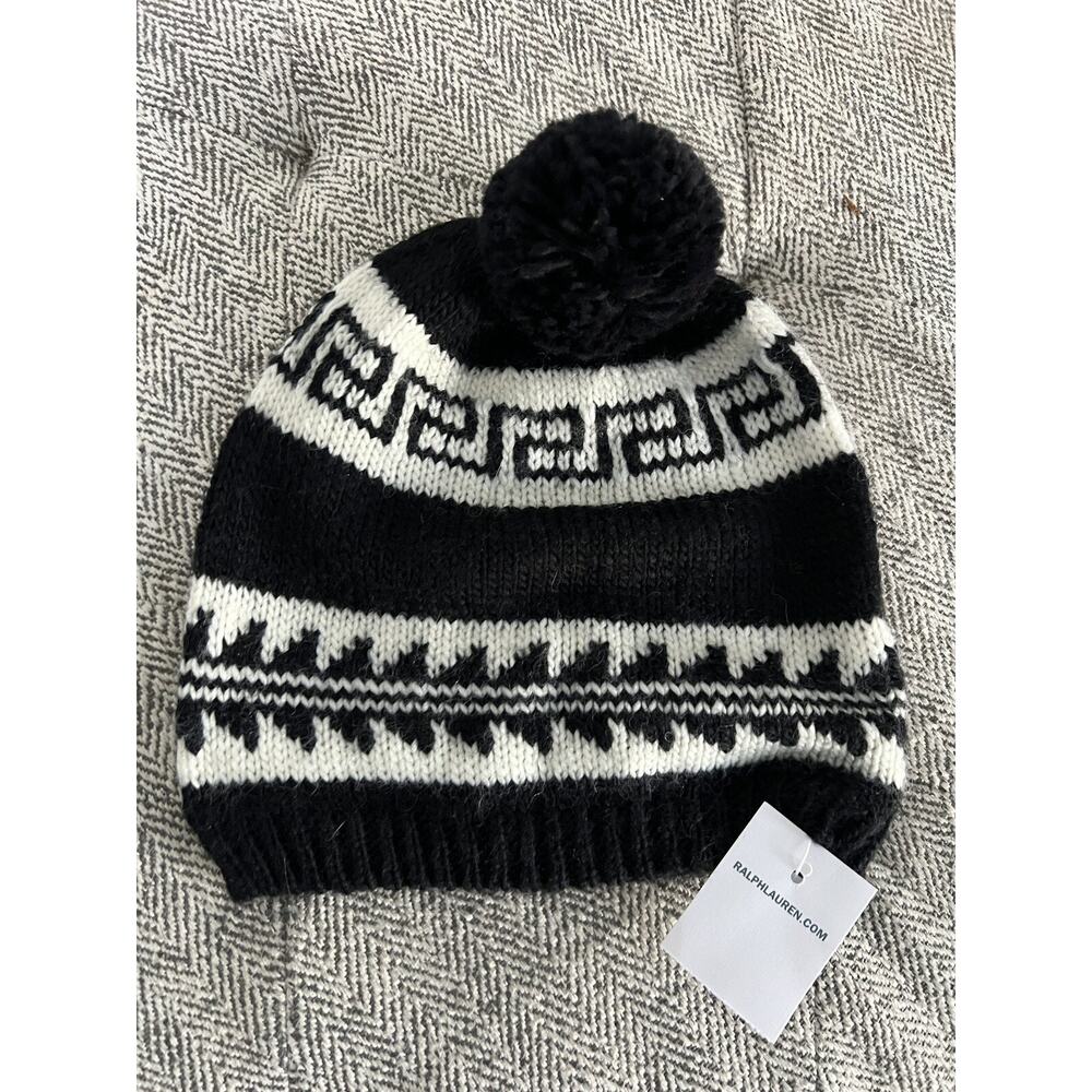 Ralph Lauren Womens Black Cream Wool Beanie Hat